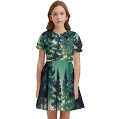 Magic Pine Forest Night Landscape Kids  Bow Tie Puff Sleeve Dress by Simbadda