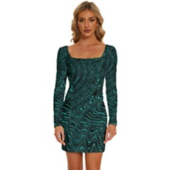 Wave Circle Ring Water Long Sleeve Square Neck Bodycon Velvet Dress