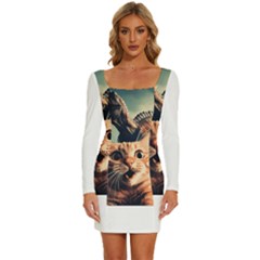 Crazy Cat Selfie Run Time Travel Can Be Dangerous Cat Love Long Sleeve Square Neck Bodycon Velvet Dress by shoopshirt