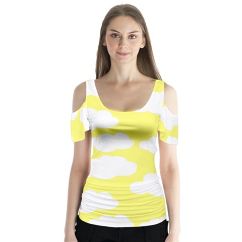 Cute Yellow White Clouds Butterfly Sleeve Cutout Tee  by ConteMonfrey