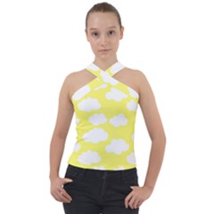 Cute Yellow White Clouds Cross Neck Velour Top