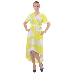 Cute Yellow White Clouds Front Wrap High Low Dress by ConteMonfrey