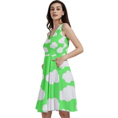 Green And White Cute Clouds  Sleeveless V-neck Skater Dress With Pockets by ConteMonfrey