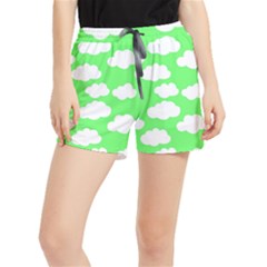 Green And White Cute Clouds  Women s Runner Shorts