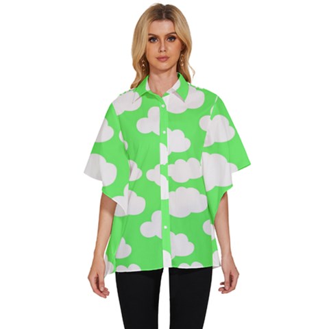 Green And White Cute Clouds  Women s Batwing Button Up Shirt by ConteMonfrey