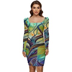 Tree Magical Colorful Abstract Metaphysical Women Long Sleeve Ruched Stretch Jersey Dress by Simbadda