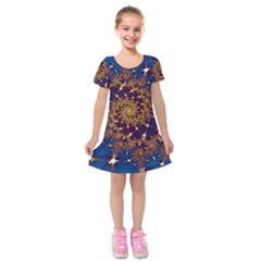 Fractal Spiral Art Pattern Blue Design Kids  Short Sleeve Velvet Dress