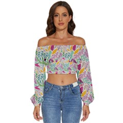 Leaves Colorful Leaves Seamless Design Leaf Long Sleeve Crinkled Weave Crop Top by Simbadda