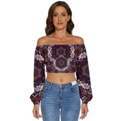 Rosette Kaleidoscope Mosaic Abstract Background Long Sleeve Crinkled Weave Crop Top by Simbadda