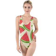 Cute Watermelon Seamless Pattern High Leg Strappy Swimsuit by Simbadda