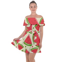 Cute Watermelon Seamless Pattern Off Shoulder Velour Dress by Simbadda