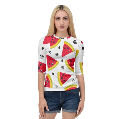 Cute Smiling Watermelon Seamless Pattern White Background Quarter Sleeve Raglan Tee by Simbadda