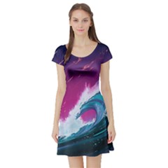 Tsunami Waves Ocean Sea Nautical Nature Water Unique Short Sleeve Skater Dress by Simbadda