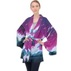 Tsunami Waves Ocean Sea Nautical Nature Water Unique Long Sleeve Velvet Kimono  by Simbadda