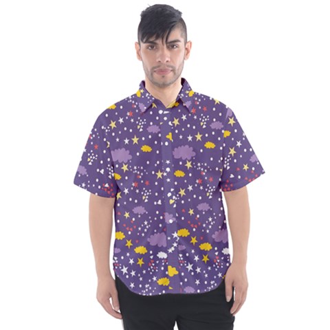 Pattern Cute Clouds Stars Men s Short Sleeve Shirt by Simbadda