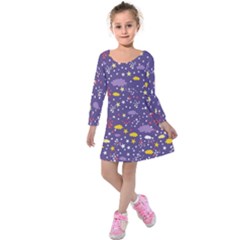 Pattern Cute Clouds Stars Kids  Long Sleeve Velvet Dress by Simbadda