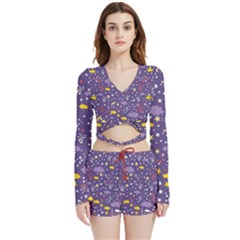 Pattern Cute Clouds Stars Velvet Wrap Crop Top And Shorts Set by Simbadda