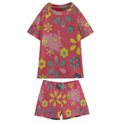 Flowers Pattern Kids  Swim Tee And Shorts Set by Simbadda