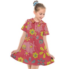 Flowers Pattern Kids  Short Sleeve Shirt Dress