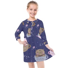 Cute Kittens Sleep Sweetly Mugs Kids  Quarter Sleeve Shirt Dress by Simbadda