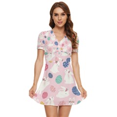 Cute Bunnies Easter Eggs Seamless Pattern V-neck High Waist Chiffon Mini Dress by Simbadda