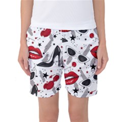 Red Lips Black Heels Pattern Women s Basketball Shorts by Simbadda