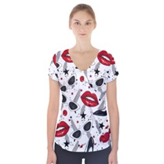 Red Lips Black Heels Pattern Short Sleeve Front Detail Top by Simbadda