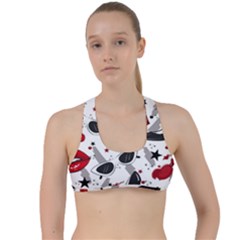 Red Lips Black Heels Pattern Criss Cross Racerback Sports Bra by Simbadda