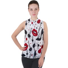 Red Lips Black Heels Pattern Mock Neck Chiffon Sleeveless Top by Simbadda