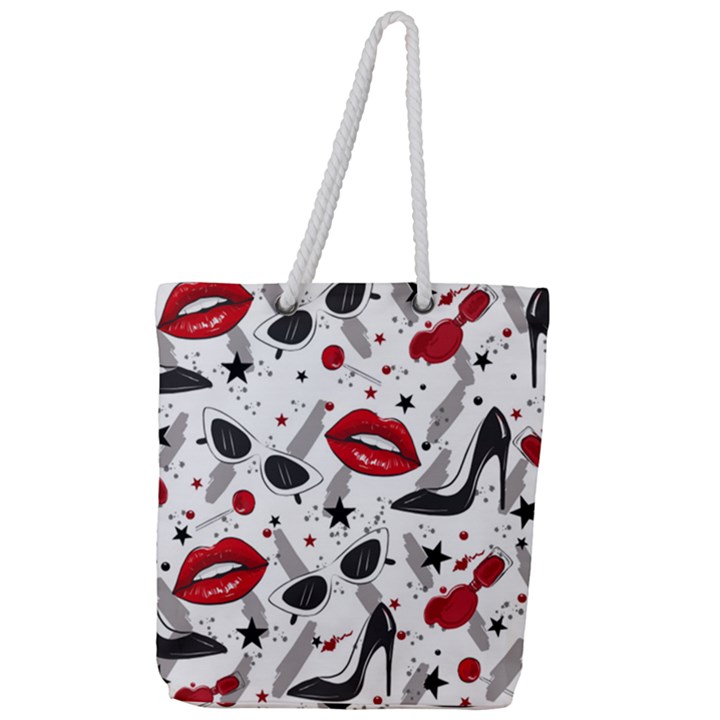 Red Lips Black Heels Pattern Full Print Rope Handle Tote (Large)