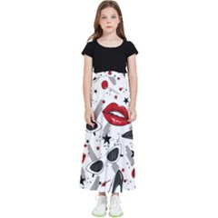 Red Lips Black Heels Pattern Kids  Flared Maxi Skirt by Simbadda