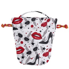 Red Lips Black Heels Pattern Drawstring Bucket Bag by Simbadda