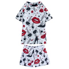 Red Lips Black Heels Pattern Kids  Swim Tee And Shorts Set by Simbadda