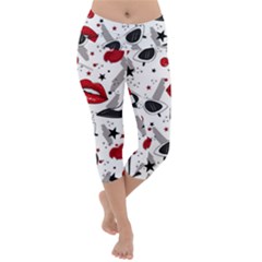 Red Lips Black Heels Pattern Lightweight Velour Capri Yoga Leggings by Simbadda