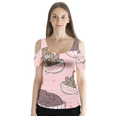 Seamless Pattern Adorable Cat Inside Cup Butterfly Sleeve Cutout Tee  by Simbadda