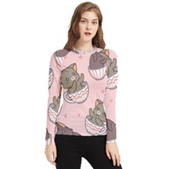 Seamless Pattern Adorable Cat Inside Cup Women s Long Sleeve Rash Guard by Simbadda