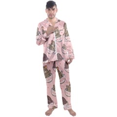 Seamless Pattern Adorable Cat Inside Cup Men s Long Sleeve Satin Pajamas Set