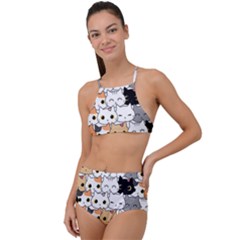 Cute Cat Kitten Cartoon doodle Seamless Pattern Halter Tankini Set