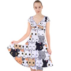 Cute Cat Kitten Cartoon doodle Seamless Pattern Cap Sleeve Front Wrap Midi Dress