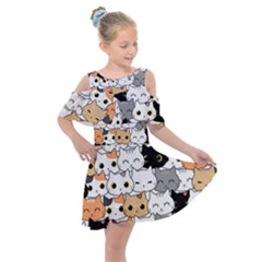 Cute Cat Kitten Cartoon doodle Seamless Pattern Kids  Shoulder Cutout Chiffon Dress