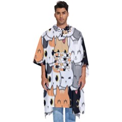 Cute Cat Kitten Cartoon doodle Seamless Pattern Men s Hooded Rain Ponchos