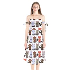 Seamless Pattern With Cute Little Kittens Various Color Shoulder Tie Bardot Midi Dress