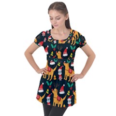 Funny Christmas Pattern Background Puff Sleeve Tunic Top by Simbadda