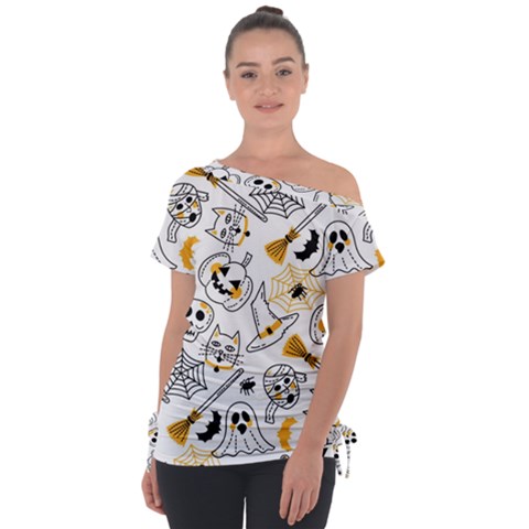 Funny Hand Drawn Halloween Pattern Off Shoulder Tie-up Tee by Simbadda