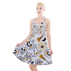 Funny Hand Drawn Halloween Pattern Halter Party Swing Dress  by Simbadda