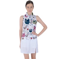 Pattern With Cute Cat Heads Women s Sleeveless Polo Tee