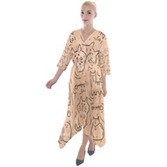 Cat Background Quarter Sleeve Wrap Front Maxi Dress