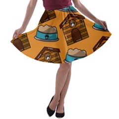 Pet House Bowl Food Seamless Pattern A-line Skater Skirt by Simbadda