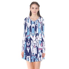 Dogs Seamless Pattern Long Sleeve V-neck Flare Dress by Simbadda