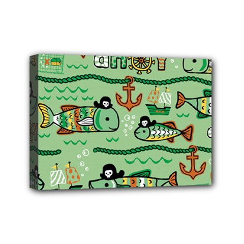 Seamless Pattern Fishes Pirates Cartoon Mini Canvas 7  X 5  (stretched) by Simbadda